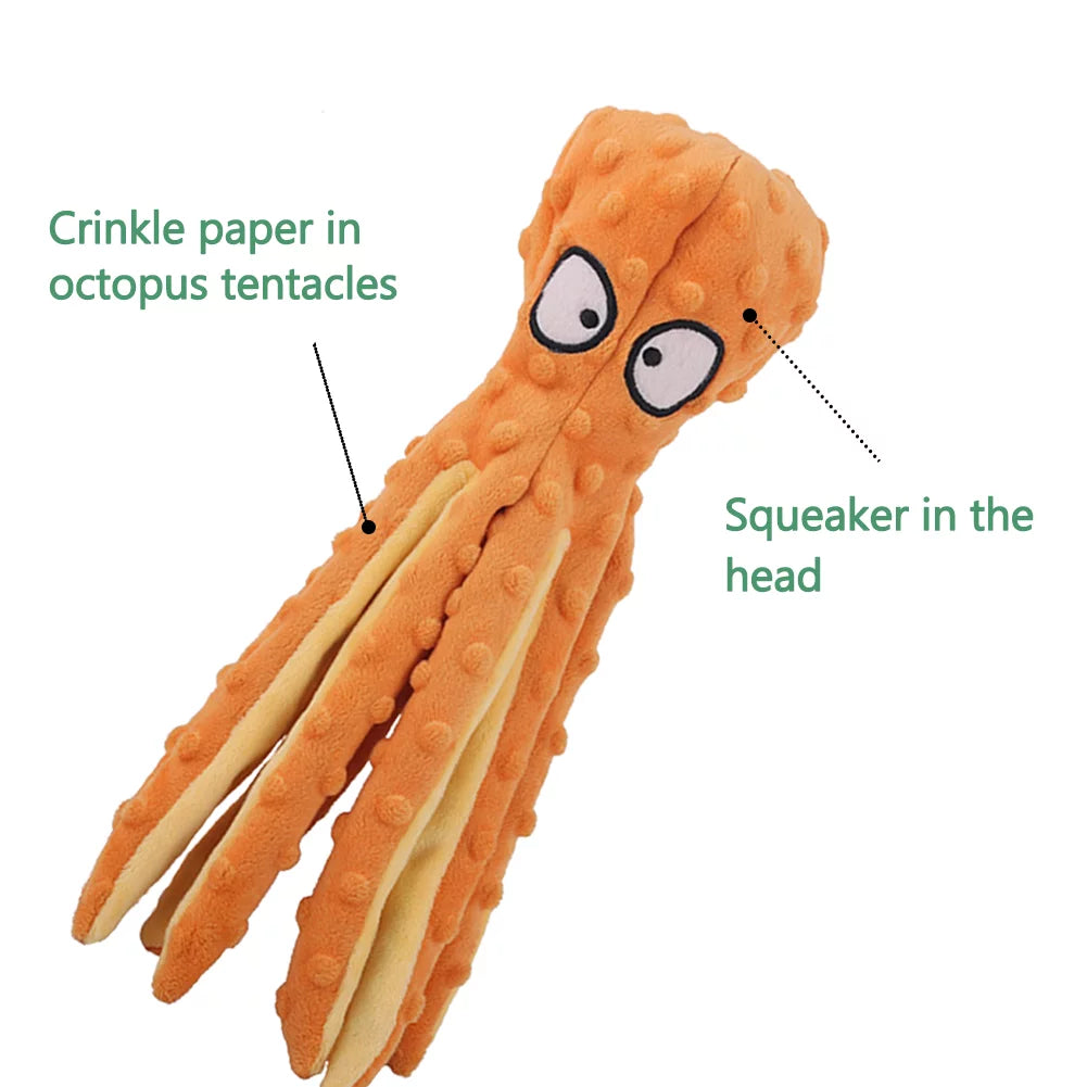 Dog Squeaky Toys Octopus - Plush Dog Toys with Sound Paper Filling for Puppy Teething, Durable Interactive Dog Chew Toys for Small & Medium Dogs, Orange