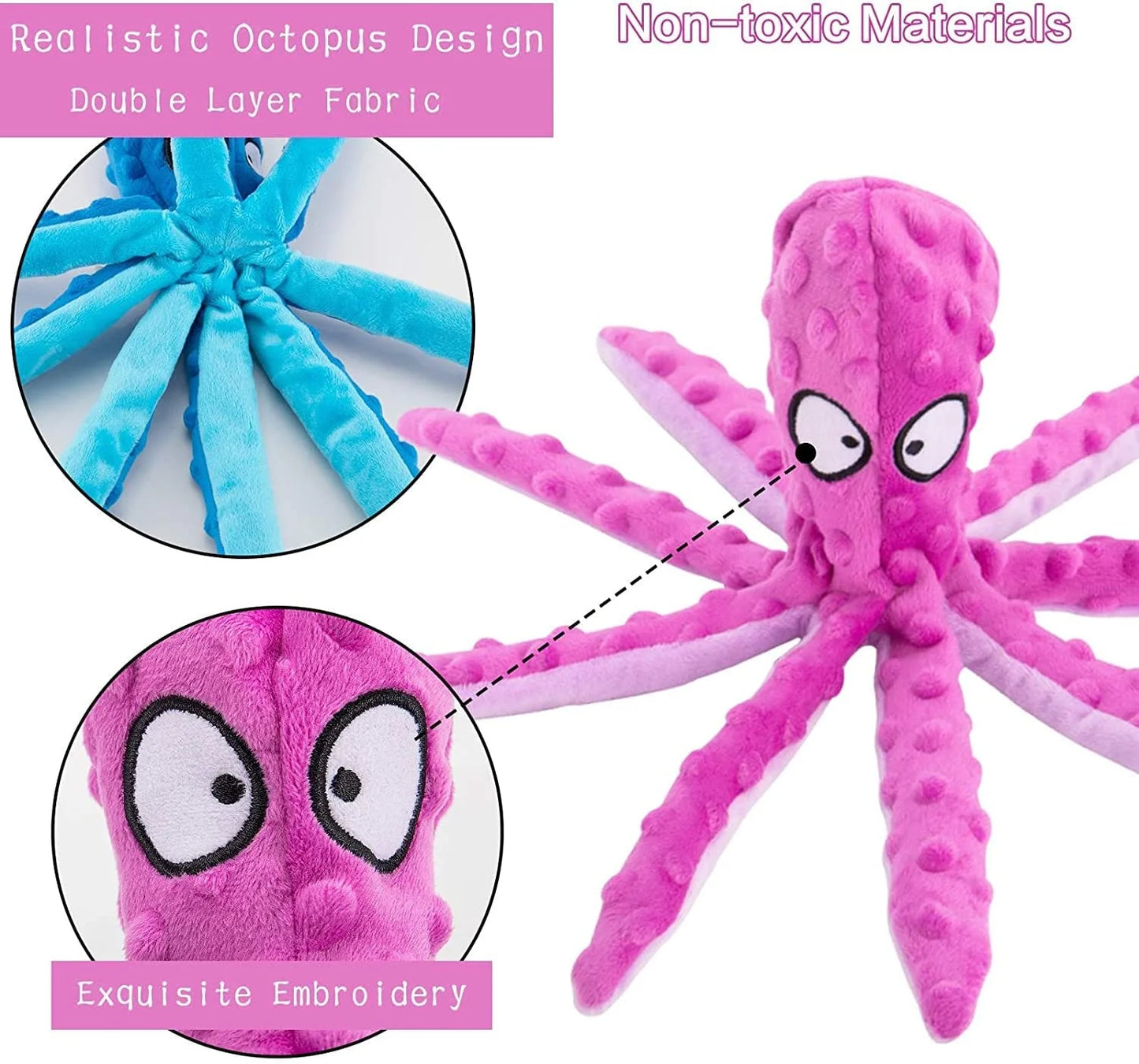 Squeaky Octopus Dog Toys for Large Dogs, No Stuffing Crinkle Paper Plush Dog Toys for Puppy Teething, Durable Interactive Dog Toys for Small Medium Dogs (Purple)