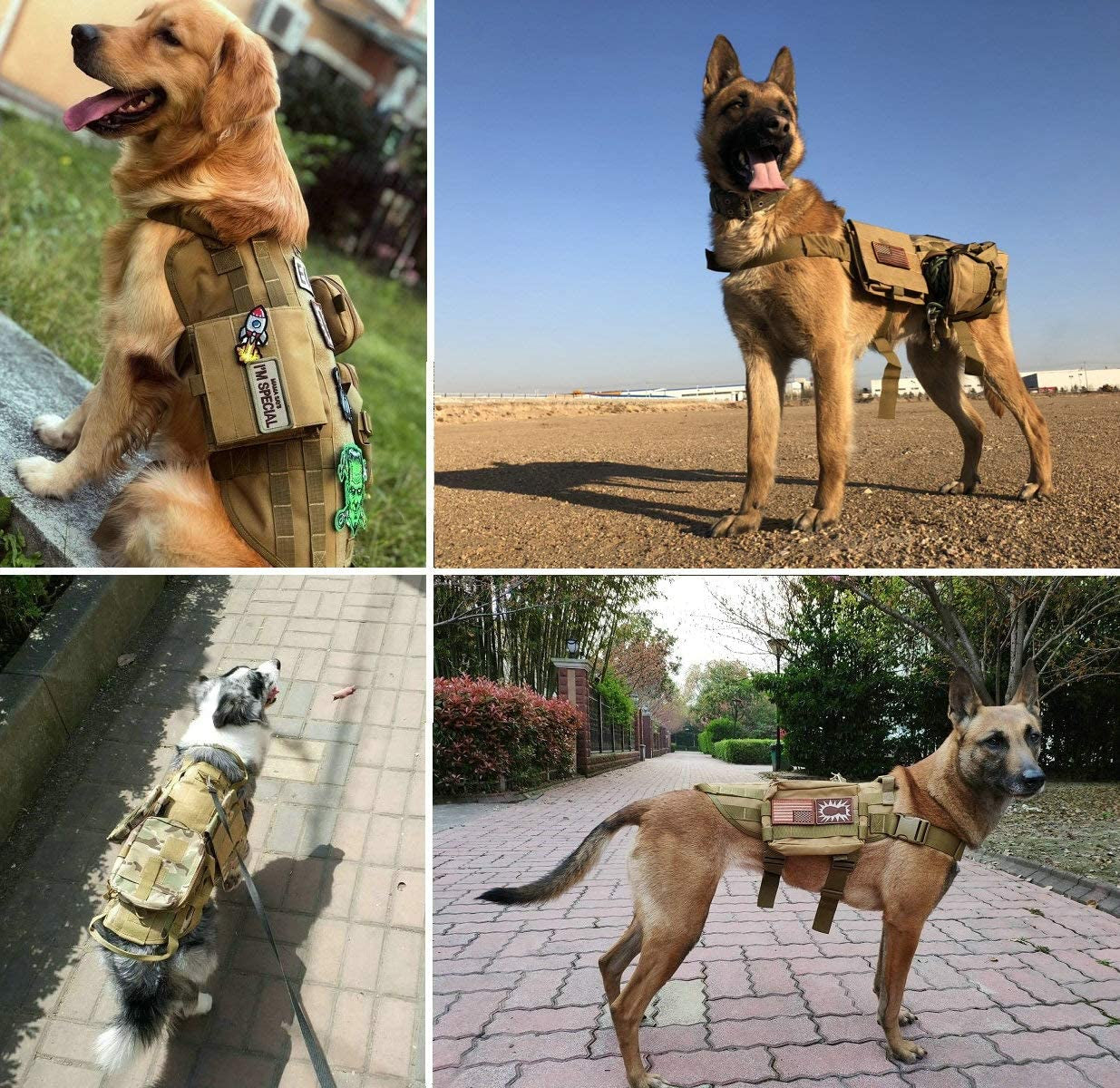 Tactical Dog Molle Vest Harness K9 Adjustable Outdoor Training Service Camouflage Harness with 3 Detachable Pouches Brown Size XL