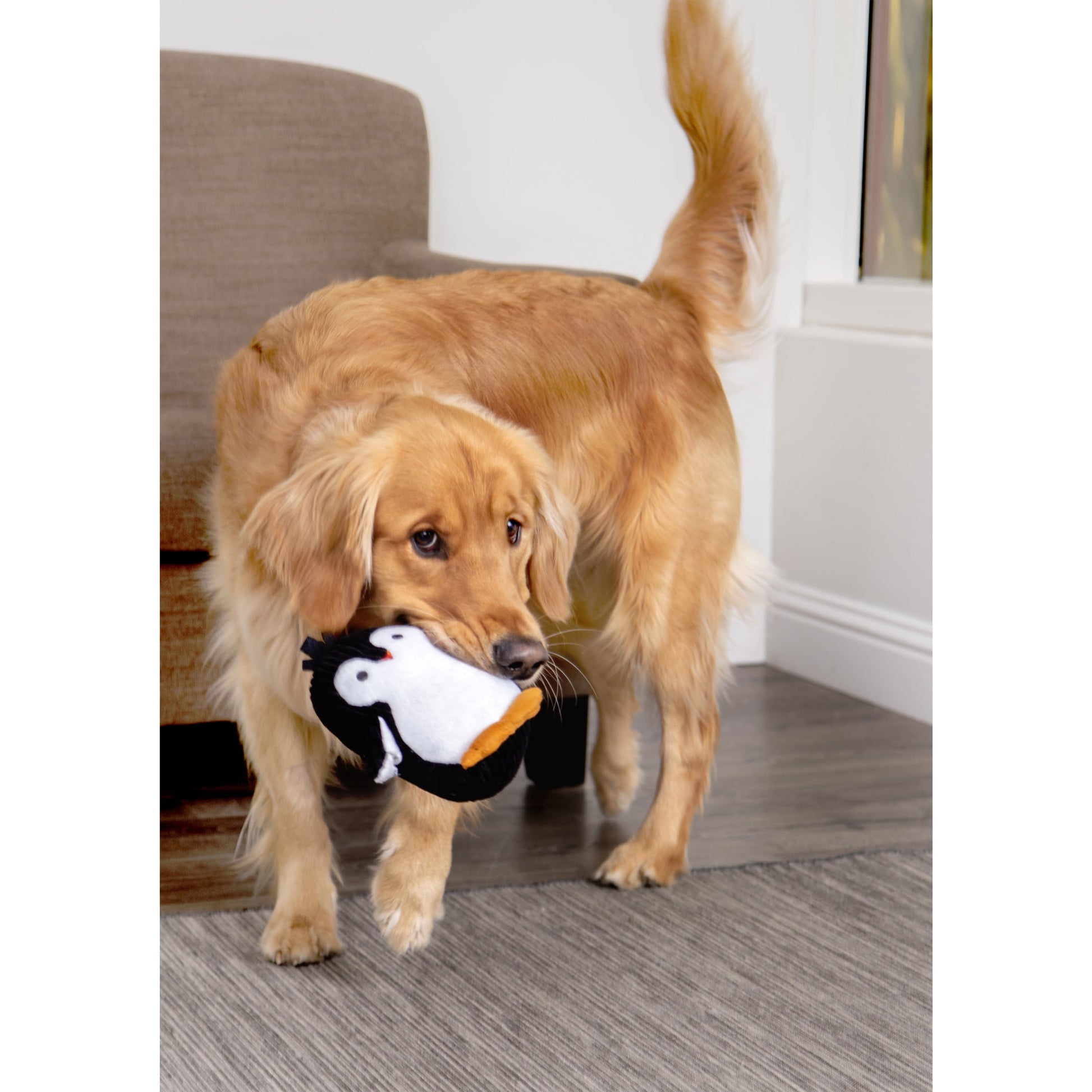 Penguin Ultrasonic Silent Squeaker Dog Toy, Soft Chew Resistant Plush, Medium