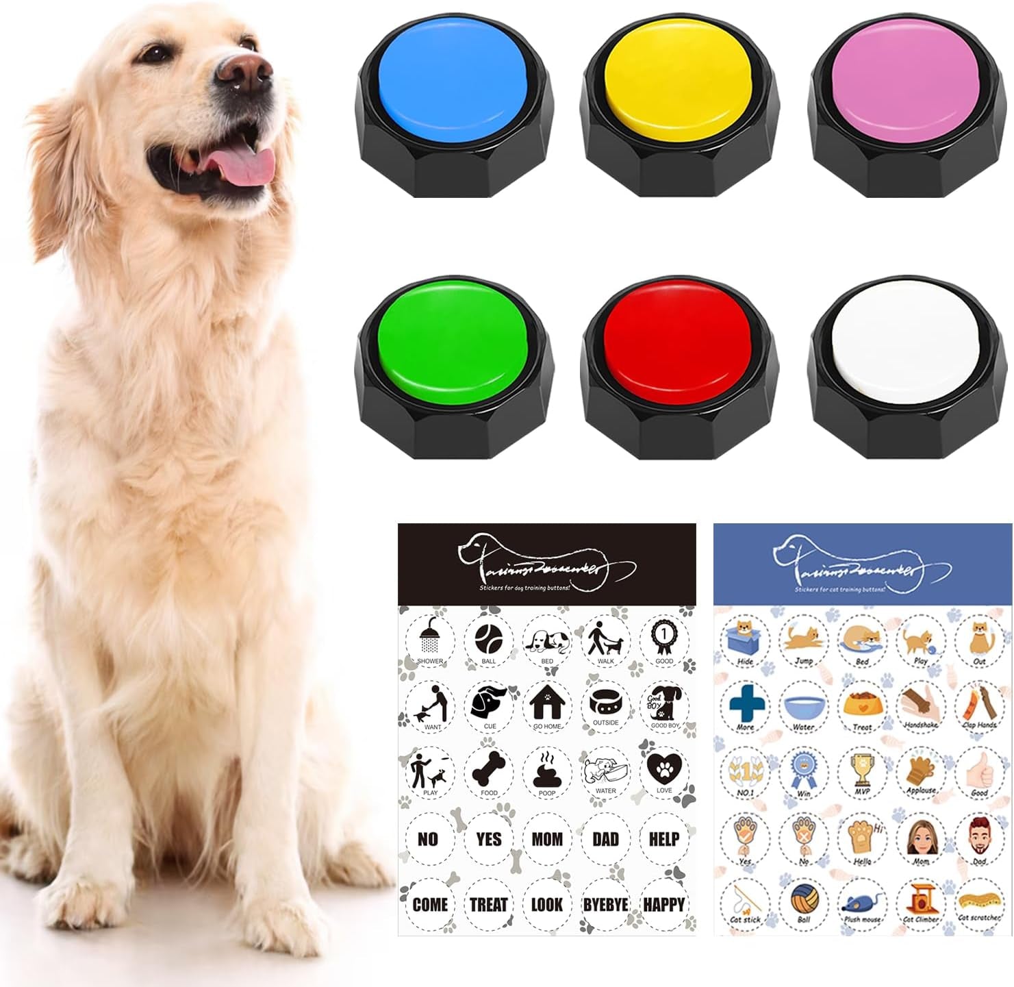 Set of 4 Dog Buttons, Dog Buttons for Communication, Dog Speaking Buttons, Recordable Buttons, Dog Touch Buttons， 25 Training Stickers, Teach Your Dog to Talk!