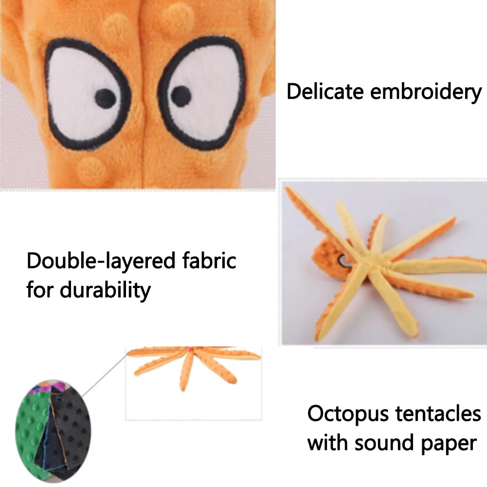 Dog Squeaky Toys Octopus - Plush Dog Toys with Sound Paper Filling for Puppy Teething, Durable Interactive Dog Chew Toys for Small & Medium Dogs, Orange