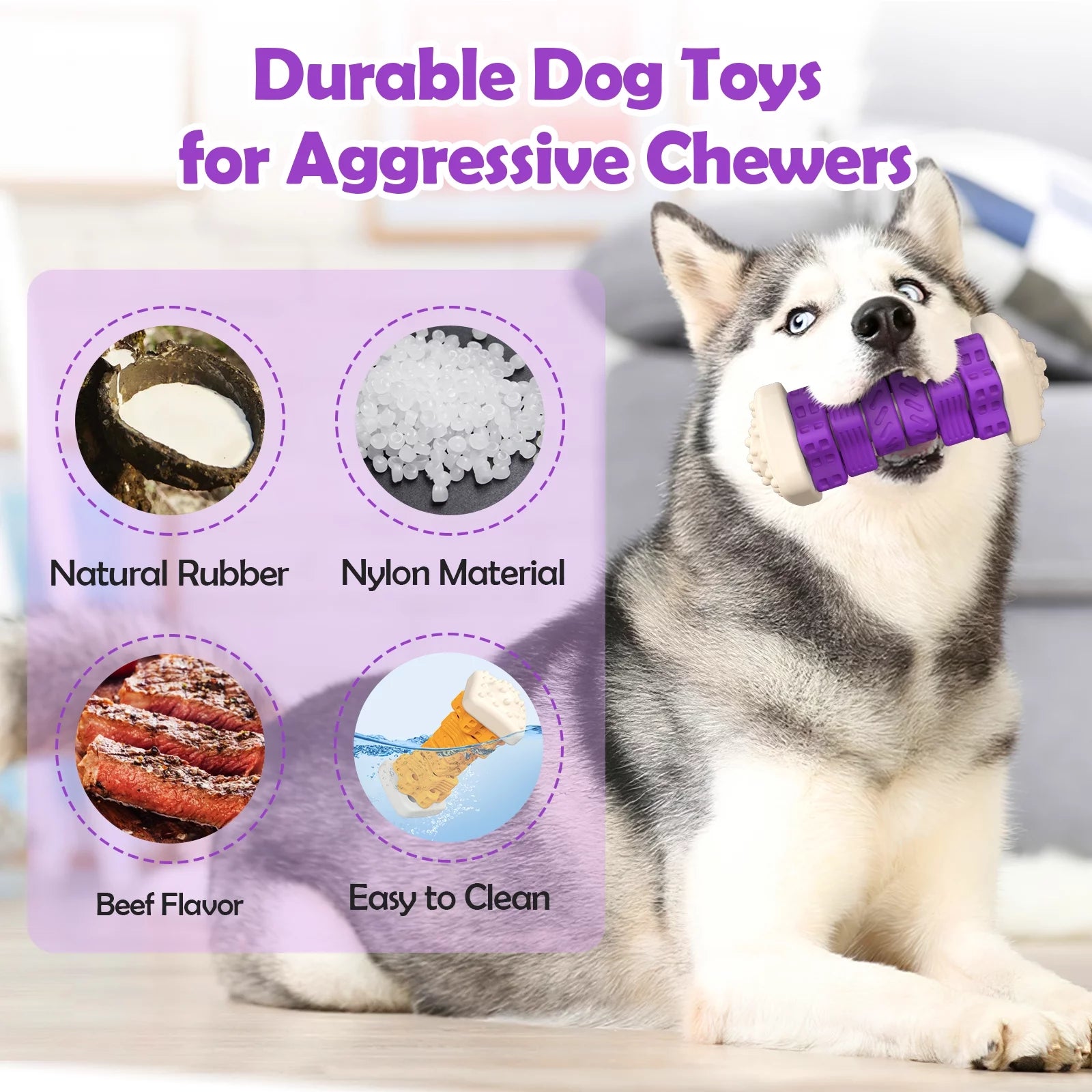 Interactive Dog Chew Toy-Brightly Colored Dog Enrichment Toy for Aggressive Chewers-Purple