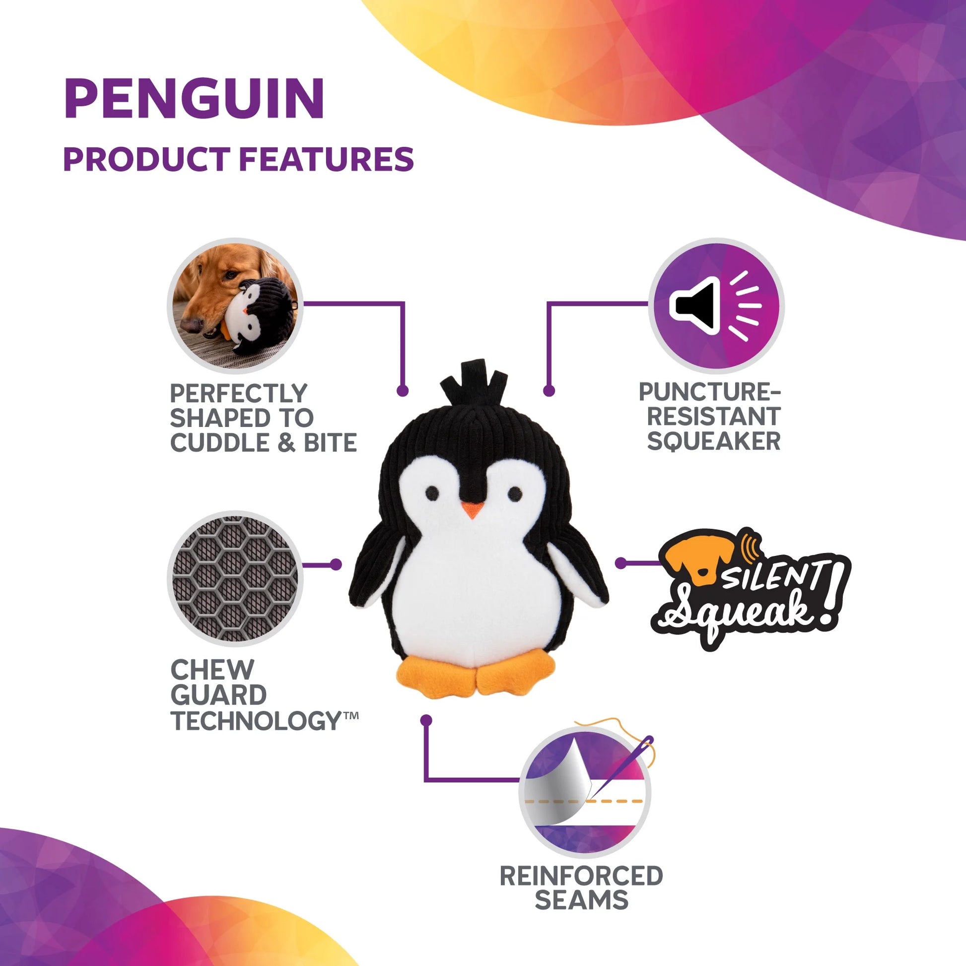 Penguin Ultrasonic Silent Squeaker Dog Toy, Soft Chew Resistant Plush, Medium